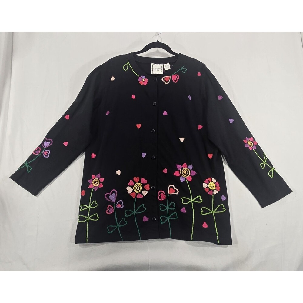 Michael Simon Lite Embroidered Cardigan M Floral Hearts Cotton Artsy Whimsy 90s